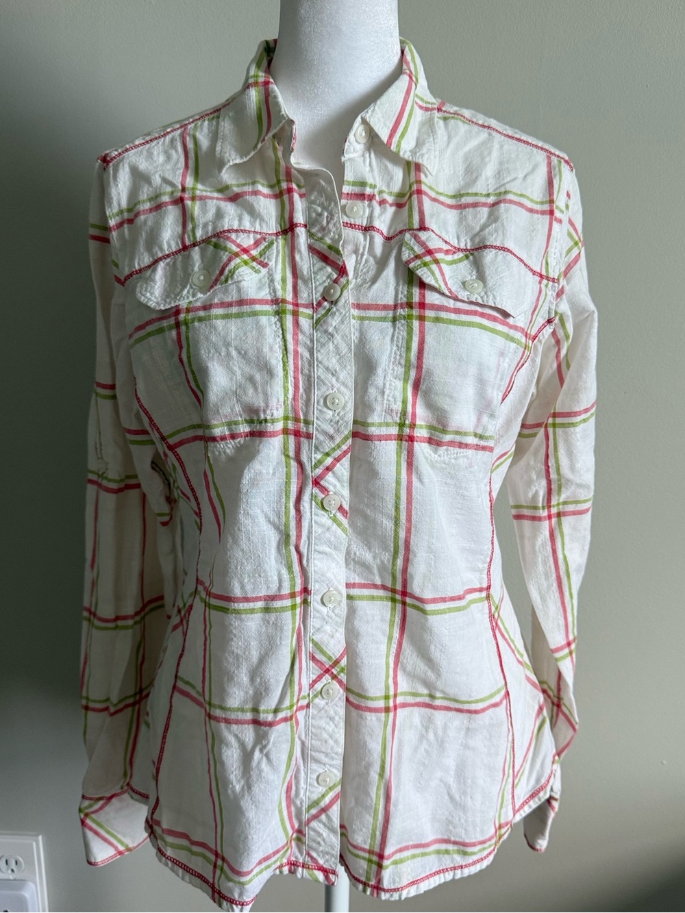 Columbia Camp Henry White Plaid Button-Up Shirt with Pink and Green Stripes